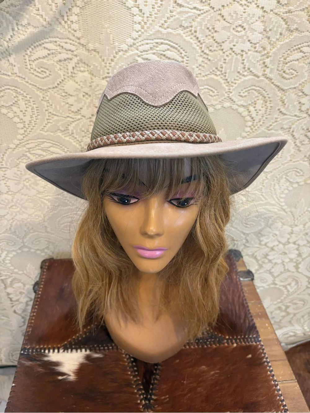 Vintage Taupe and Olive Suede Brim Hat - Picture 8 of 12